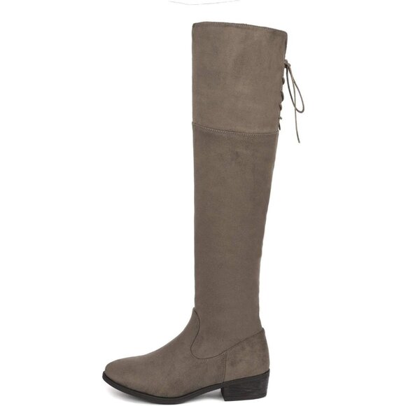 Women Khaki Textile Over The Knee High Low Block Heel Pointed Toe Riding Boot - Picture 2 of 6